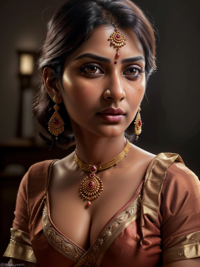 a beautiful indian aunty in traditional blouse, detailed face, beautiful eyes, long eyelashes, detailed lips, detailed nose, detailed skin, sensual pose, seductive expression, detailed traditional blouse, cleavage showing, intricate jewelry, (best quality,4k,8k,highres,masterpiece:1.2),ultra-detailed,(realistic,photorealistic,photo-realistic:1.37),cinematic lighting,dramatic chiaroscuro,warm color palette,oil painting