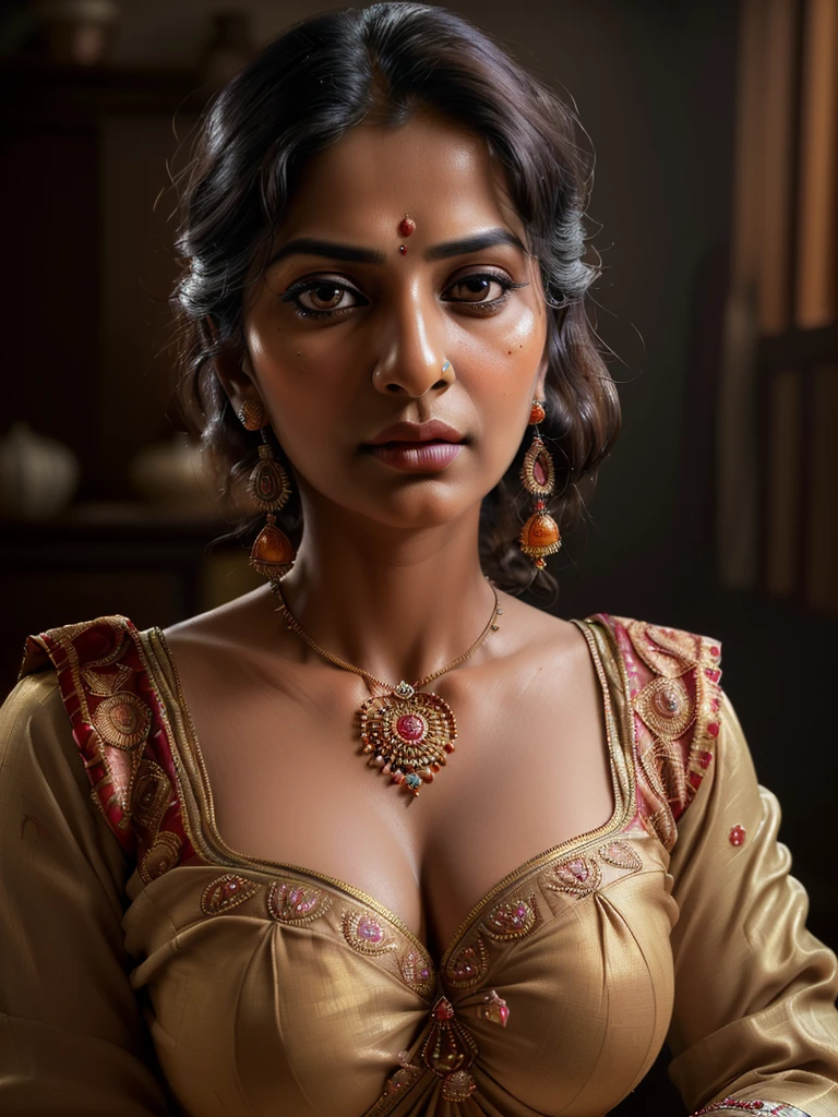 a beautiful indian aunty in traditional blouse, detailed face, beautiful eyes, long eyelashes, detailed lips, detailed nose, detailed skin, sensual pose, seductive expression, detailed traditional blouse, cleavage showing, intricate jewelry, (best quality,4k,8k,highres,masterpiece:1.2),ultra-detailed,(realistic,photorealistic,photo-realistic:1.37),cinematic lighting,dramatic chiaroscuro,warm color palette,oil painting