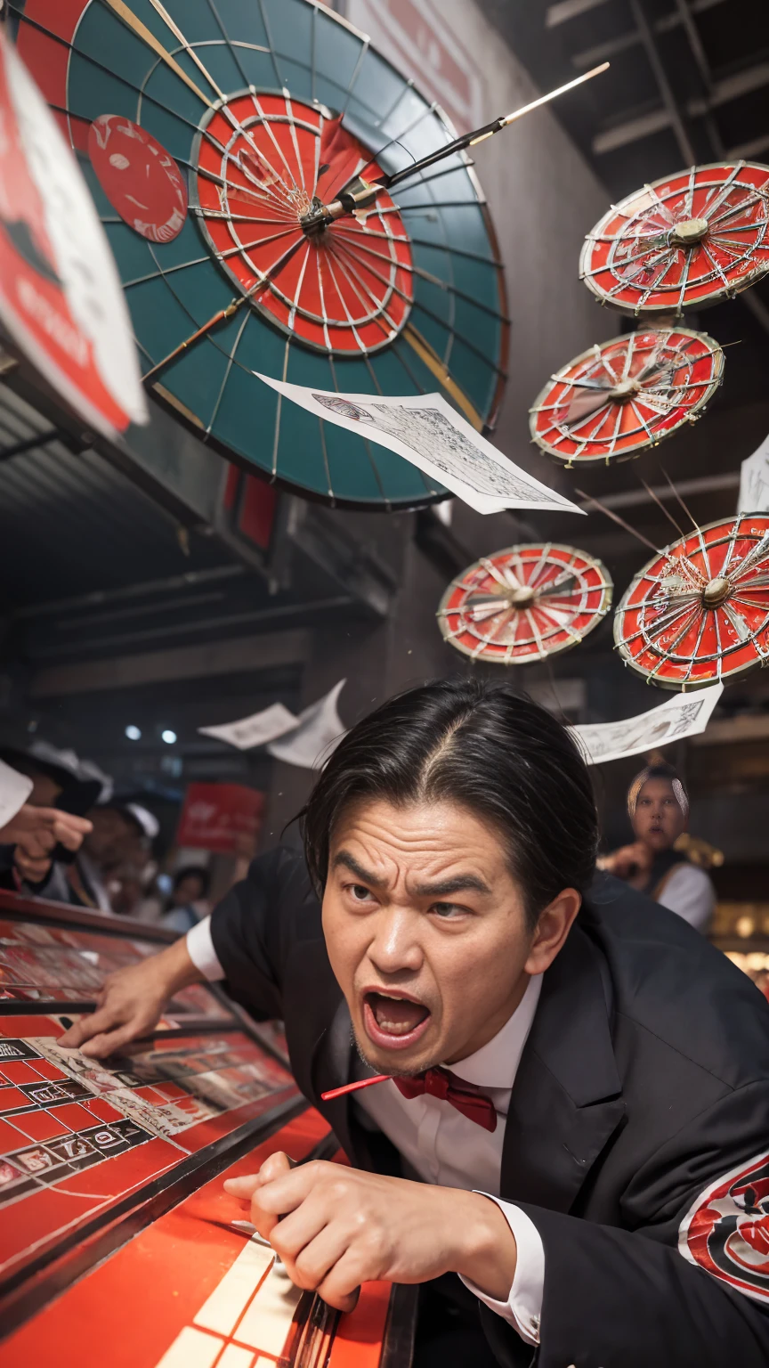 Draw a caricature of Karakasa Obake, a Japanese yokai who is confident but has failed in his investment. The Karakasa Obake has an exaggerated angry and frustrated expression. He is sweating and frowning while holding a downward-trending stock chart. He is dressed in traditional attire, but with a modern twist, such as a loosened tie and disheveled appearance. He is angrily throwing or smashing an umbrella in frustration.
In the background, depict a chaotic stock market scene with red arrows pointing downwards and dollar signs flying around. Add humorous elements like a dartboard with missed darts indicating poor investment choices.
At the top of the image, write "Buy High, Sell Low Pro" in bold font, and at the bottom, add witty taglines such as "Master of Unprofitable Trades" or "The Contrarian Investor's Nightmare." Use mainly red and grey colors to symbolize financial loss and confusion.