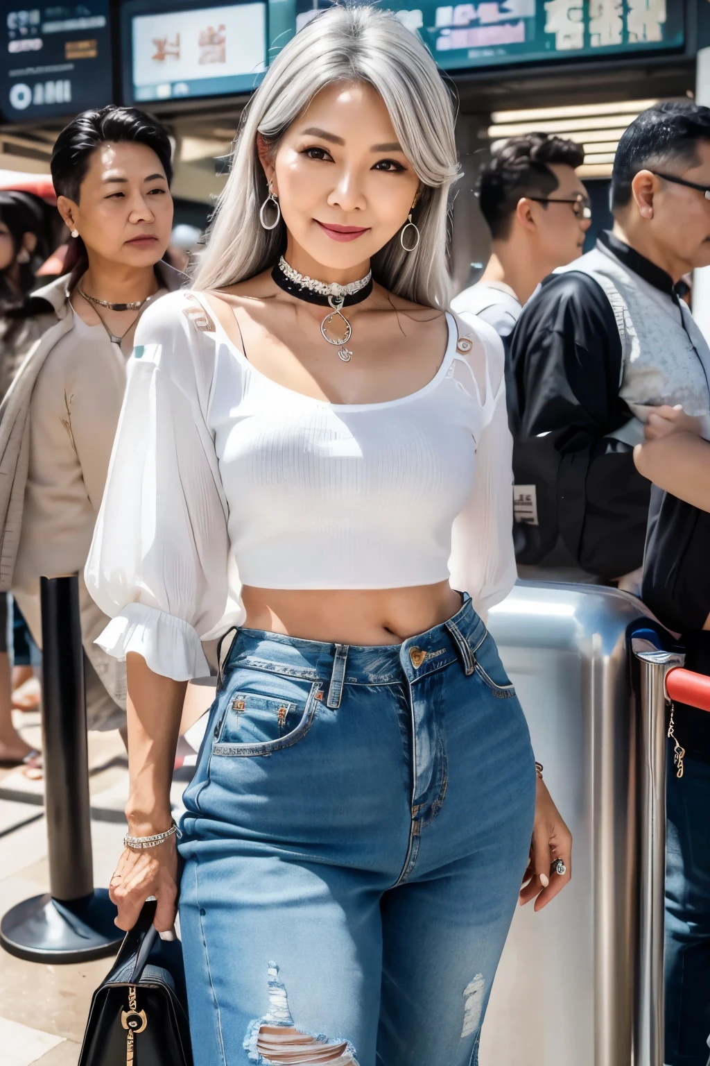 66 years old　mom　milf　Korean, Lady　large earring　Big choker　navel piercing decoration　A bracelet　Silver Hair　realisitic　Gorgeous Madame Beautiful Mature Woman　sexly　Smile　Gentle woman navel piercing　４K　High quality 駅　Ticket gate　Gate　commuter　crowd　Denim shorts