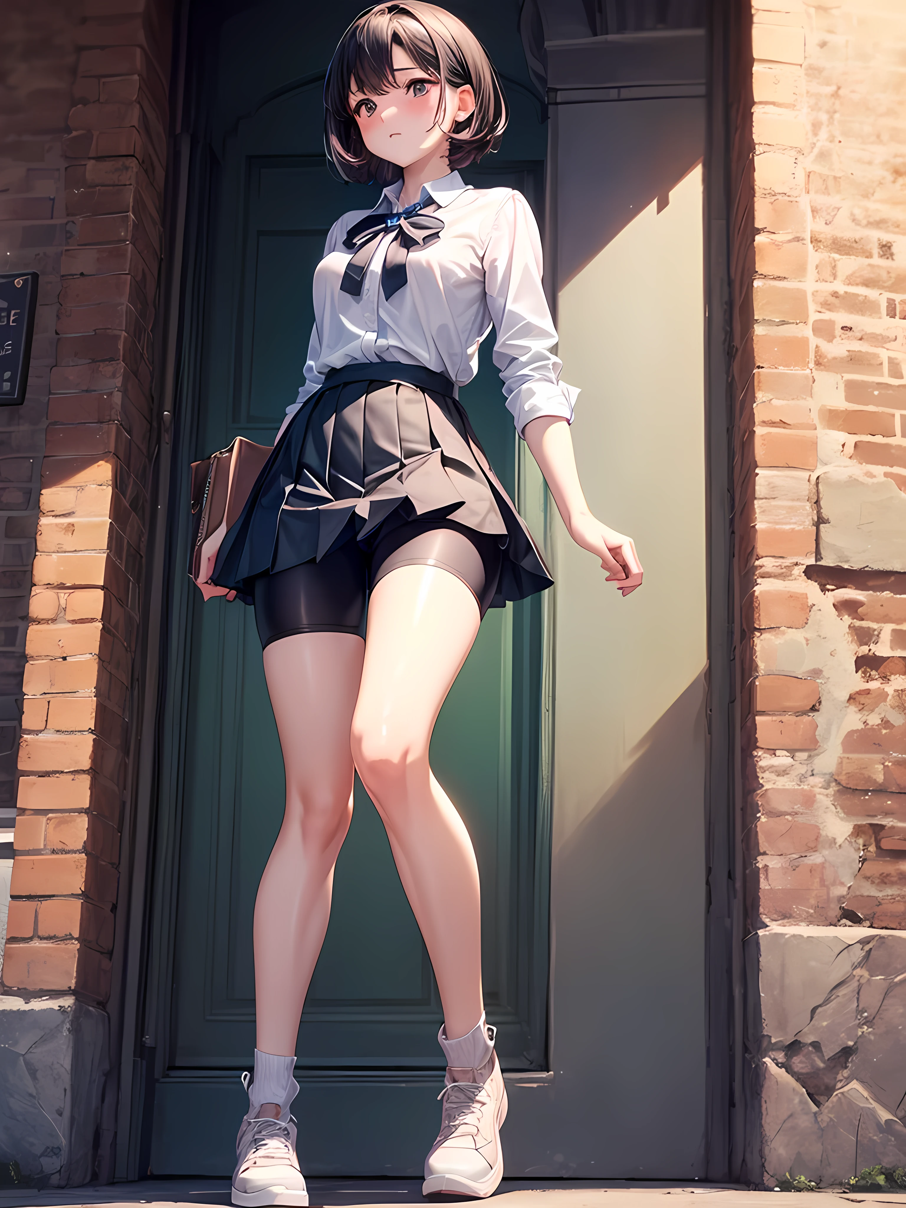 masterpiece, high resolution, a cute girl, pigeon toed, looking afar, looking up, full-face blush, collared shirt, pleated skirt, bike shorts, under skirt, (ultra detailed perfect piece:1.2), (extremely detailed CG 8k), (very fine 8K CG), short hair, shiny black hair, from below, 