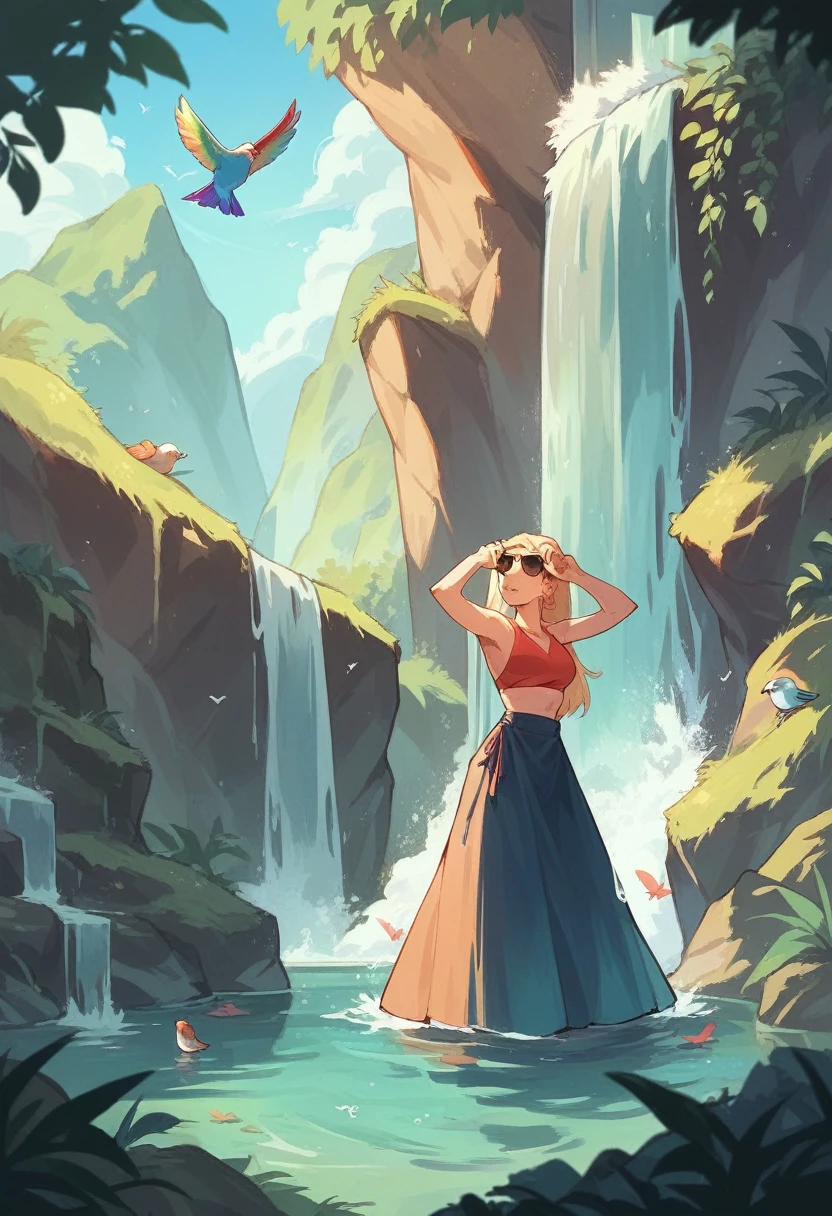 river,waterfall,sunglasses,Long skirt,No sleeve,Shoulder-length hair,rainbow,birdie,Blonde,blue sky,Swimsuit under clothes