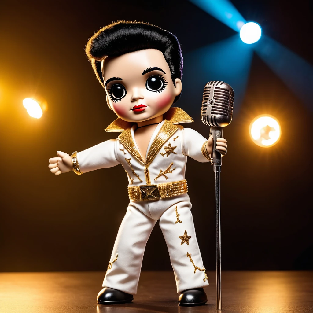 (knitted toy voodoo doll:1.7), (Voodoo Elvis Presley:1.3), (Clothing: iconic white jumpsuit with rhinestones and cape:1.0), (Accessories: enchanted microphone emitting a golden glow, floating musical notes:1.1), (background: vintage concert stage with spotlights, cheering crowd, and a nostalgic atmosphere:1.2), best quality, masterpiece, detailed soft oil painting, detailed background, dramatic cinematic lighting, soft edge lighting, professional, dramatic lighting, hard edge lighting, ultra quality, 4k,masterpiece, best quality, 8k, ultra highres, highres, extremely detailed