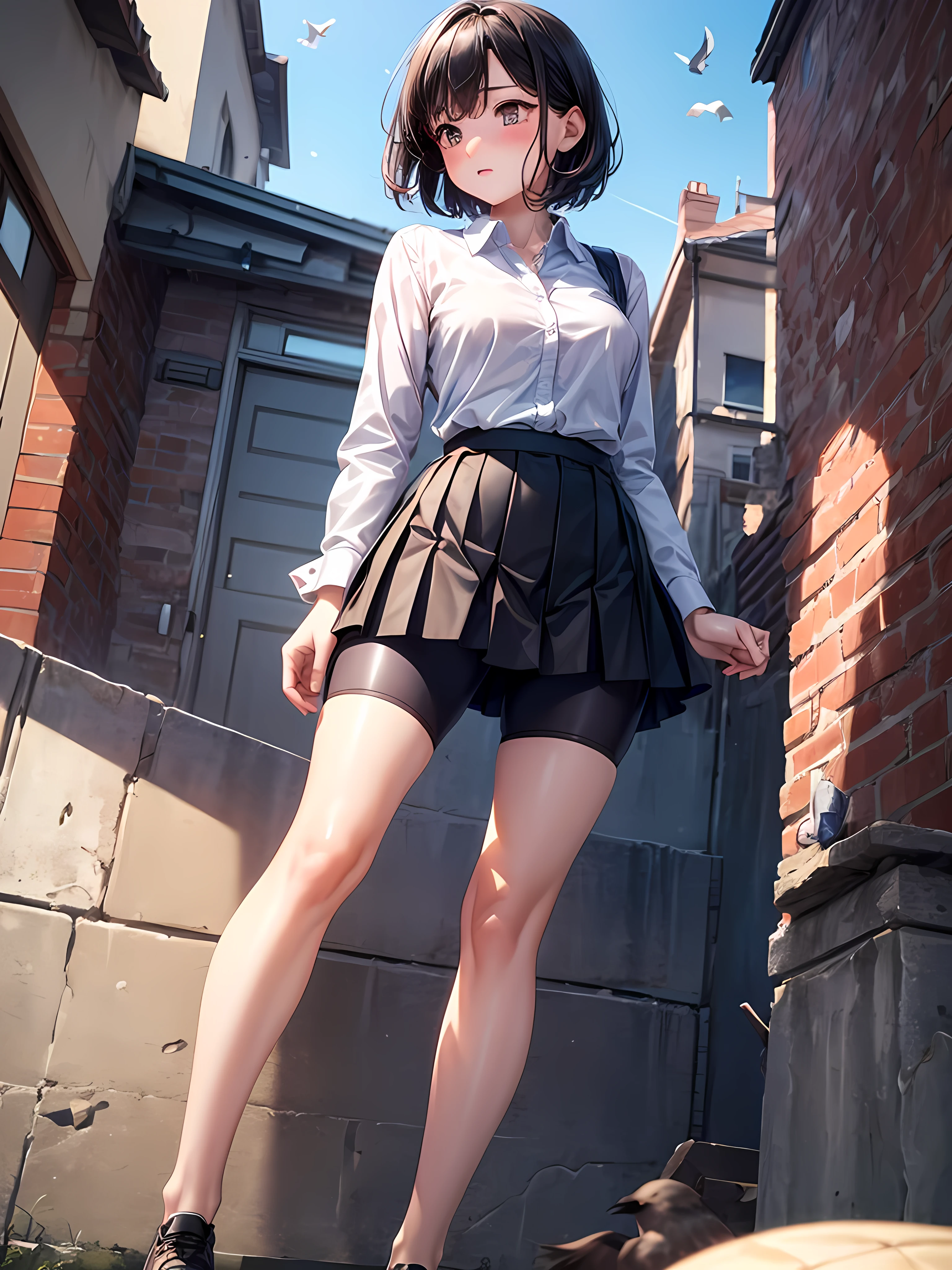 masterpiece, high resolution, a cute girl, pigeon toed, looking afar, looking up, full-face blush, collared shirt, pleated skirt, bike shorts, under skirt, (ultra detailed perfect piece:1.2), (extremely detailed CG 8k), (very fine 8K CG), short hair, shiny black hair, from below,