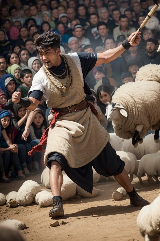 Shepherd throwing stone at sheep from the stage