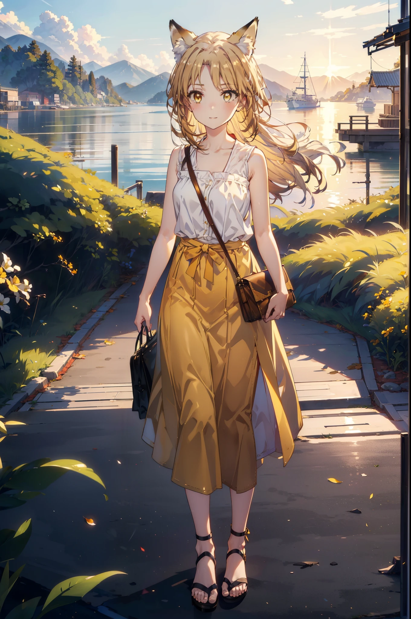 Irohaisshiki, isshiki iroha,Long Hair, Brown Hair, (Brown eyes:1.5), happy smile, smile, Open your mouth,animal(Fox Ears,Fox tail),Yellow sleeveless dress,Yellow long skirt,Cute Sandals,Carry bag,background（Ships at anchor）,port,My hair is blowing in the wind,Holding her hair with her right hand,whole bodyがイラストに入るように,Are standing,morning,morning陽,The sun is rising,
break outdoors, port,Ocean,
break looking at viewer,whole body,
break (masterpiece:1.2), Highest quality, High resolution, unity 8k wallpaper, (shape:0.8), (Beautiful and beautiful eyes:1.6), Highly detailed face, Perfect lighting, Highly detailed CG, (Perfect hands, Perfect Anatomy),