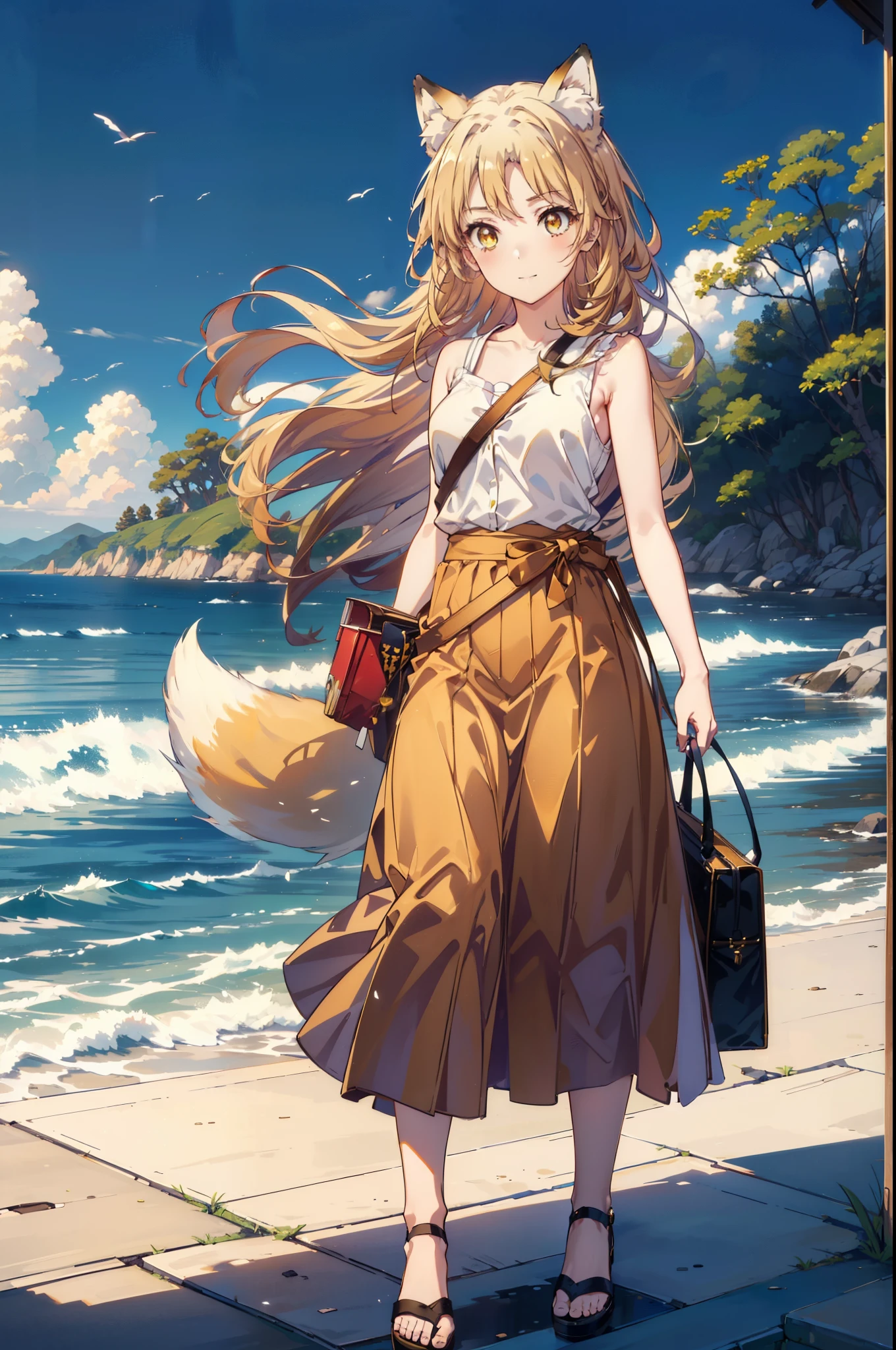 Irohaisshiki, isshiki iroha,Long Hair, Brown Hair, (Brown eyes:1.5), happy smile, smile, Open your mouth,animal(Fox Ears,Fox tail),Yellow sleeveless dress,Yellow long skirt,Cute Sandals,Carry bag,background（Ships at anchor）,port,My hair is blowing in the wind,Holding her hair with her right hand,whole bodyがイラストに入るように,Are standing,morning,morning陽,The sun is rising,
break outdoors, port,Ocean,
break looking at viewer,whole body,
break (masterpiece:1.2), Highest quality, High resolution, unity 8k wallpaper, (shape:0.8), (Beautiful and beautiful eyes:1.6), Highly detailed face, Perfect lighting, Highly detailed CG, (Perfect hands, Perfect Anatomy),