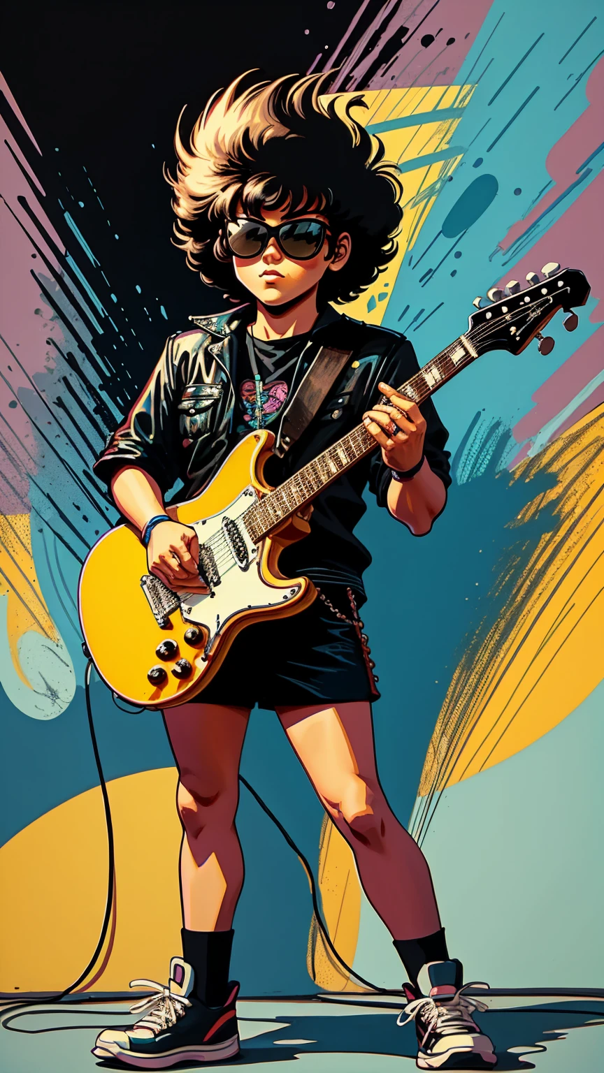 80s guitarist drawn cartoon style in black colors