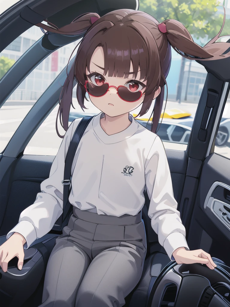 In the car,Convertible,Sitting,((Behind the wheel of a car)),Looking Ahead,driving,1 Girl, 独奏, Red eyes,((Wearing sunglasses)),, Twin tails, brown hair,crawling,((顔 focus)),upper body,White long sleeve shirt,Grey slacks, bangs, eyebrows visible through hair, Flat Chest, 