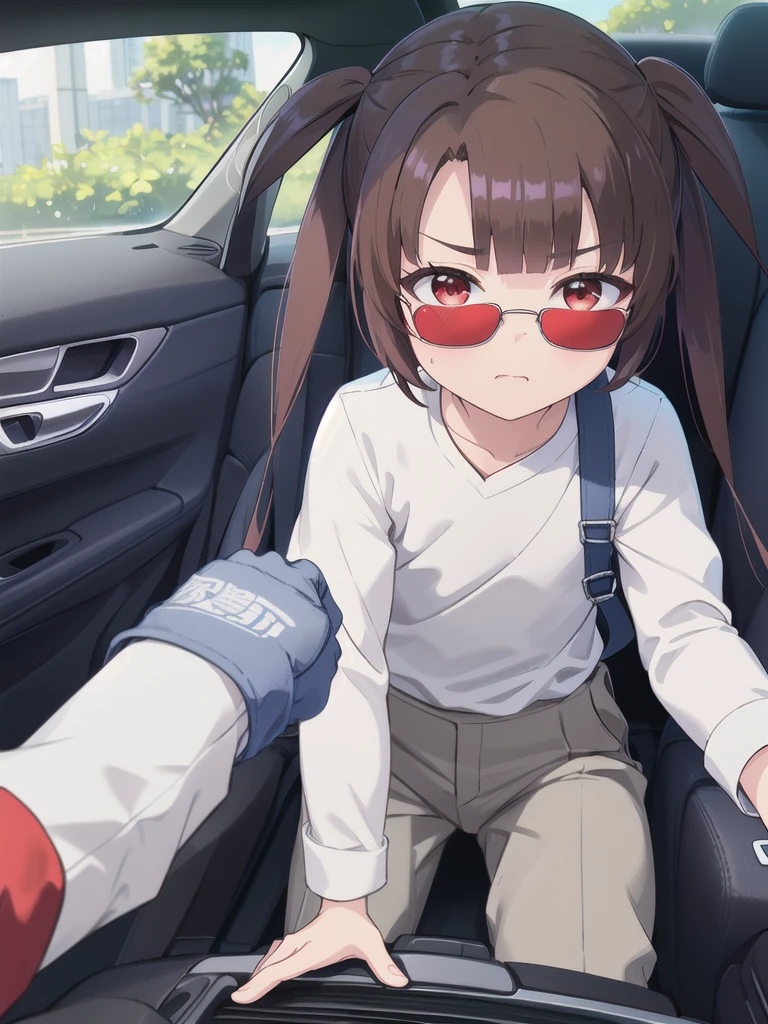 In the car,Convertible,Sitting,((Behind the wheel of a car)),Looking Ahead,driving,1 Girl, 独奏, Red eyes,((Wearing sunglasses)),, Twin tails, brown hair,crawling,((顔 focus)),upper body,White long sleeve shirt,Grey slacks, bangs, eyebrows visible through hair, Flat Chest, 