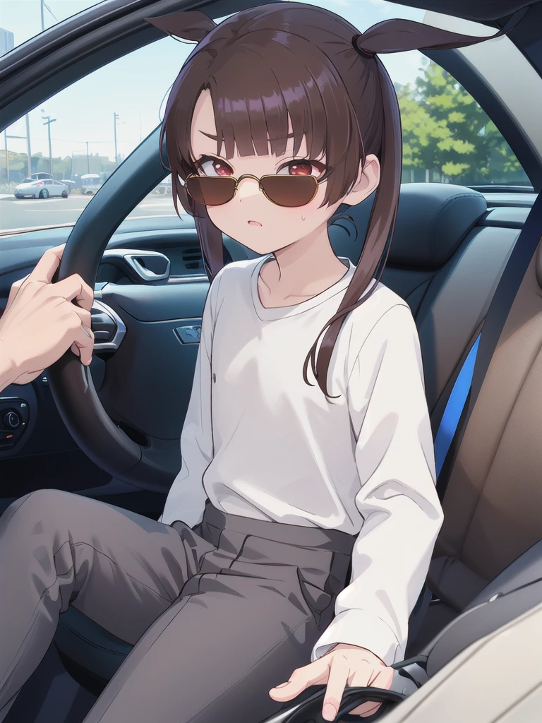 In the car,Convertible,Sitting,((Behind the wheel of a car)),Looking Ahead,driving,1 Girl, 独奏, Red eyes,((Wearing sunglasses)),, Twin tails, brown hair,crawling,((顔 focus)),upper body,White long sleeve shirt,Grey slacks, bangs, eyebrows visible through hair, Flat Chest, 