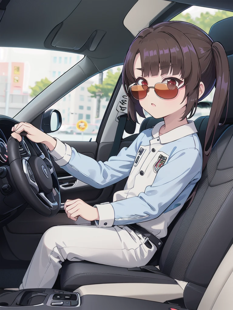 In the car,Convertible,Sitting,((Behind the wheel of a car)),Looking Ahead,driving,1 Girl, 独奏, Red eyes,((Wearing sunglasses)),, Twin tails, brown hair,crawling,((顔 focus)),upper body,White long sleeve shirt,Grey slacks, bangs, eyebrows visible through hair, Flat Chest, 