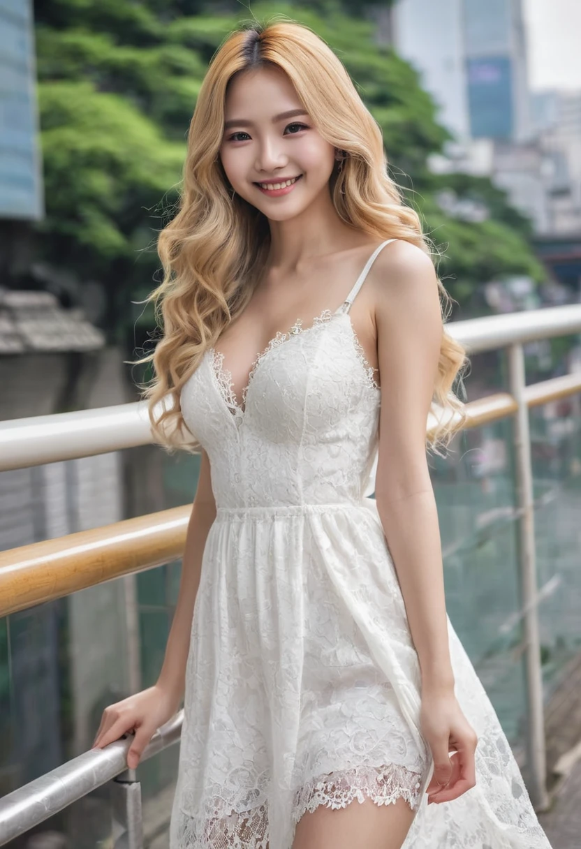 (((European Caucasian Woman)))、(((Mary, 18 years old)))、one person、(Thin contours、Grey Eye:1.3)、(Thin contours)、Big Breasts、Narrow waist、((White and translucent skin))、Beautiful, shiny blonde medium-long hair、8-head-tall model style、White lace long dress、Waist-down angle、Tokyo city、smile