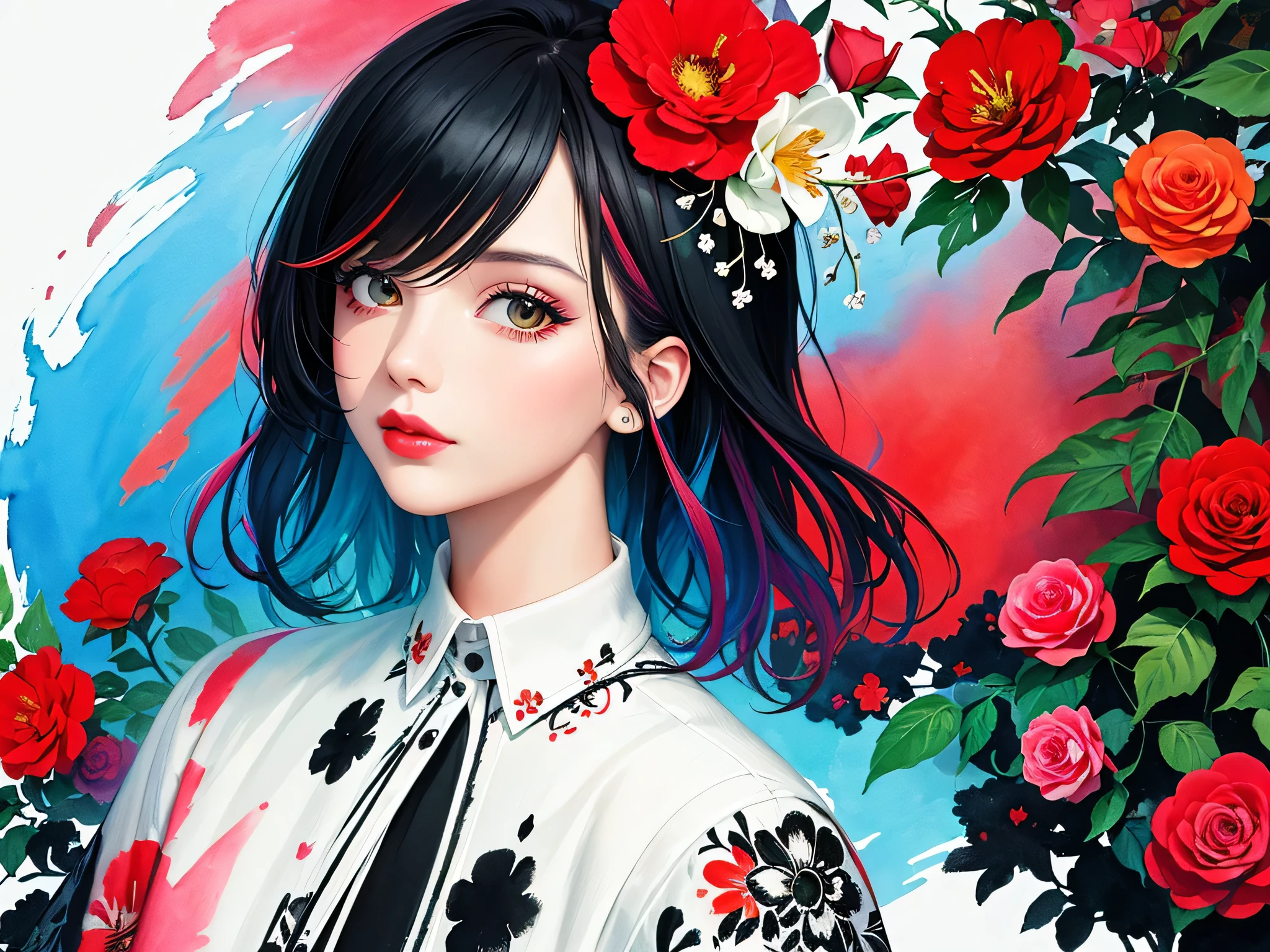 Black Star Red and White Style、(((stylish fashion))), 8K Quality、Intense watercolor, Detailed watercolor art, Watercolor splash, Surreal, avant-garde pop art, Beautiful and expressive paintings, Beautiful artwork illustration, Very colorful tones, wonderful, Cool beauty, highest quality、Official Art, Vector art, Stylish design, (((The most beautiful girl))), Lips in Love, (((highest quality))), HDR, ((detailed)), (((Doodle Art)), ((masterpiece)), ((Super detailed)), (((Colorful flowers))),(((Stylish))), Harbor View Hill