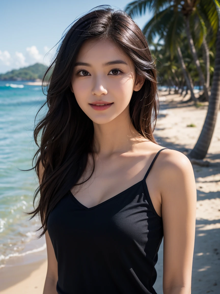(RAW Photos, Highest quality), (photo realistic:1.4), (Hyper realistic:1.4),(Smooth lighting:1.05)Cool and intelligent Japanese beauty, Fine, white skin reminiscent of porcelain, Dark chestnut brown, long, gently wavy hair, Large almond-shaped eyes, Thin eyebrows, Perfect Anatomy, Slender body, (A gorgeous smile), (Dark blue camisole), Private beach, Palm trees and coast in the background, Depth of written boundary, (Spread your arms wide towards me)