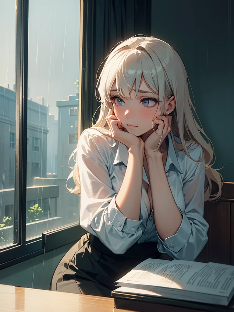 masterpiece, high-quality, a beautiful woman, resting her chin on her hands and looking out the window, humid and sweating, listless look, a little dark room, It's raining outside the window