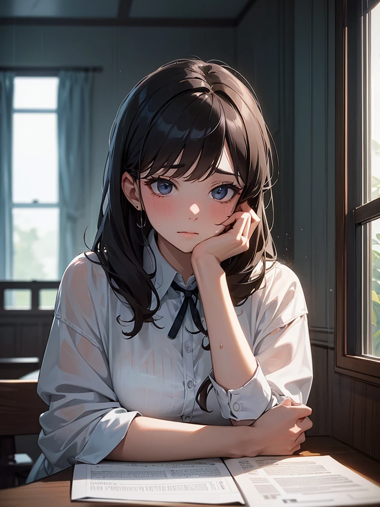 masterpiece, high-quality, a beautiful woman, resting her chin on her hands and looking out the window, humid and sweating, listless look, a little dark room, It's raining outside the window