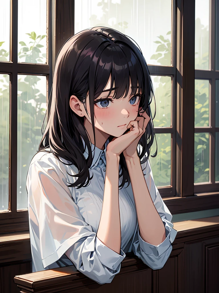 masterpiece, high-quality, a beautiful woman, resting her chin on her hands and looking out the window, humid and sweating, listless look, a little dark room, It's raining outside the window