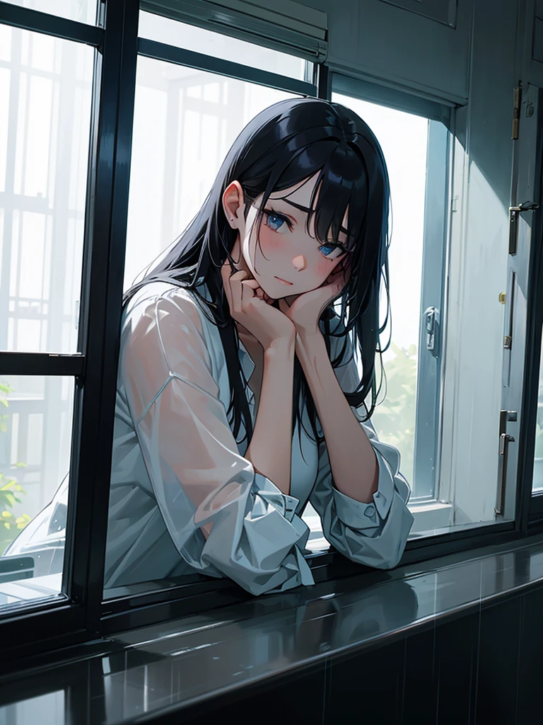 masterpiece, high-quality, a beautiful woman, resting her chin on her hands and looking out the window, humid and sweating, listless look, a little dark room, It's raining outside the window