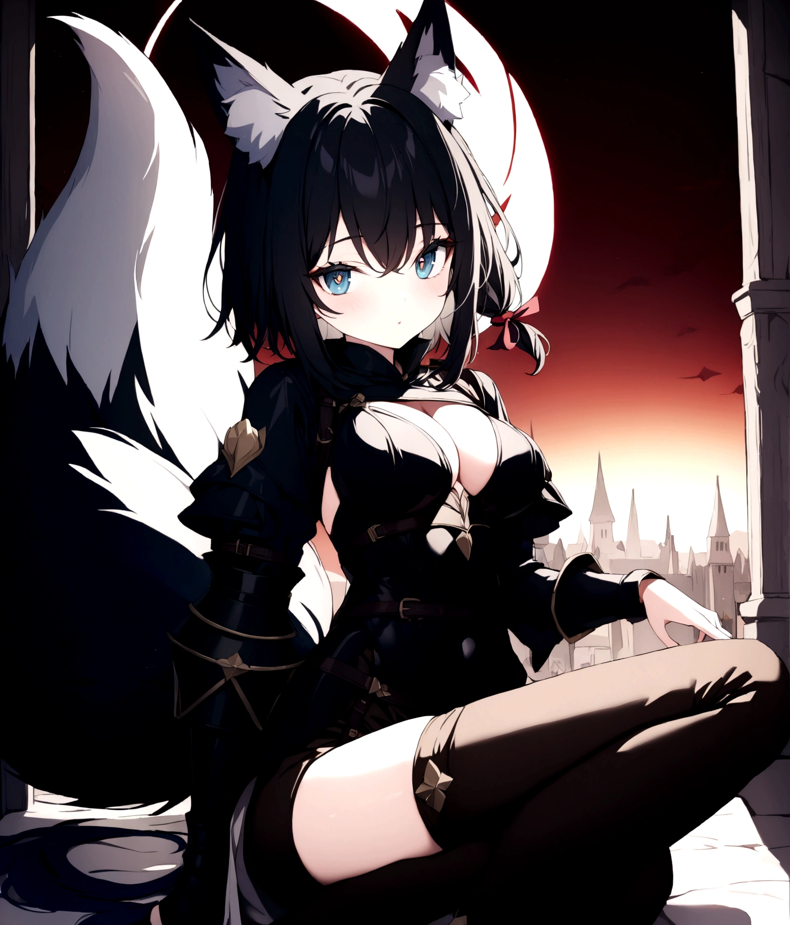 (1girl, Masterpiece, best quality) (detailed and beautiful eyes:1.6) (perfect hands, perfect anatomy) (full body)) (Mature) (Adult) Fox-girl Misaki has ((short black hair)), (Fox-ears). (She wears a black fantasy medieval adventurer armor) ((She has a **one** black fluffly fox tail.)) She wearing a long brown pants with armored knees. She has over-to-knee socks. Background shows red sky on dessert with gray sand.

