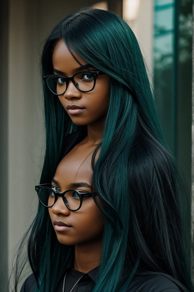 Green-ish blue-ish long hair, 3 red eyes 1 in the forehead, demon girl, with glasses, black boy clothing