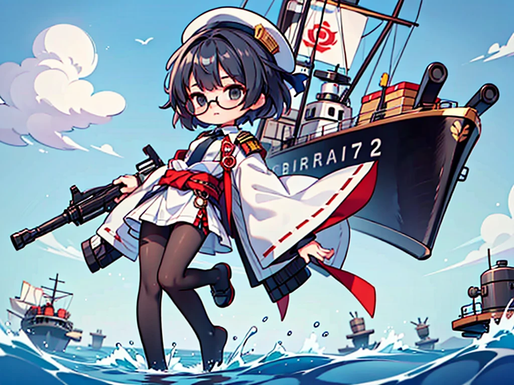 (((masterpiece, Vision))), ((((Full body of a woman with perfect flat chest、solo、Short unkempt black hair、Tie your messy hair at the nape of your neck、white military jacket、Miko costume、black tights、Black glasses、White military cap、Cloudy black eyes、Confused eyes、Junyo-inspired emblem)))), (((Shipgirl))), ((Floating on the morning sea with both feet)), (Standing with your legs apart), (Hold the turret grip with your right hand), (Mechanical arms extending from the waist are used to equip the ship with battleship equipment.), (Equipped with a turret on the back), (Left arm holds the triple turret grip), Shotgun shell in left arm, Spreading the Machine's Wings, 2. Machine Tail, A mechanical prosthetic arm holds the turret, Kaleidoscope Sharingan,