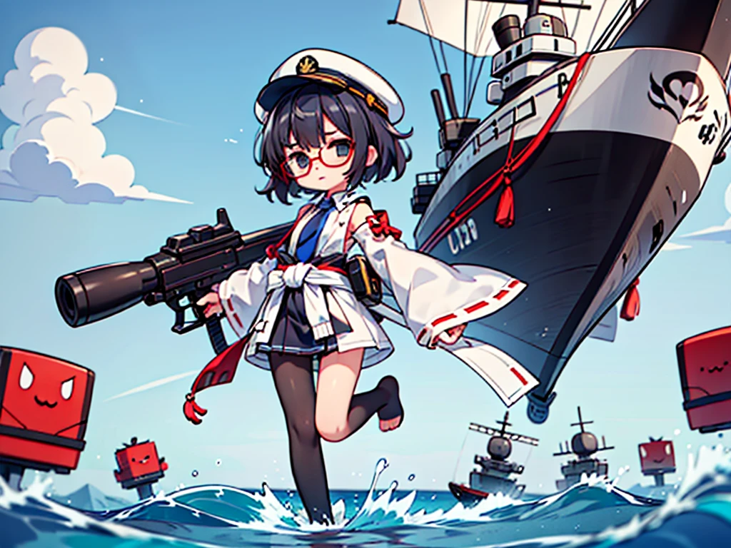 (((masterpiece, Vision))), ((((Full body of a woman with perfect flat chest、solo、Short unkempt black hair、Tie your messy hair at the nape of your neck、white military jacket、Miko costume、black tights、Black glasses、White military cap、Cloudy black eyes、Confused eyes、Junyo-inspired emblem)))), (((Shipgirl))), ((Floating on the morning sea with both feet)), (Standing with your legs apart), (Hold the turret grip with your right hand), (Mechanical arms extending from the waist are used to equip the ship with battleship equipment.), (Equipped with a turret on the back), (Left arm holds the triple turret grip), Shotgun shell in left arm, Spreading the Machine&#39;s Wings, 2. Machine Tail, A mechanical prosthetic arm holds the turret, Kaleidoscope Sharingan, 