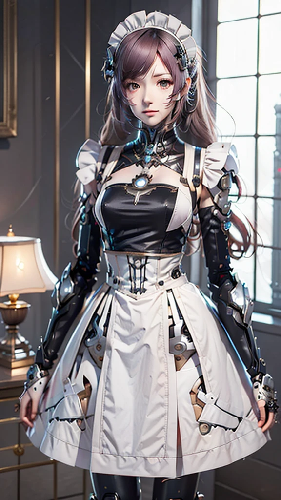 Very detailed, Advanced Details, high quality, 最high quality, High resolution, 1080P, HD, 4K,  beautiful,(Machine),beautiful cyborg mixed maid female, Mecha Cyborg Girl,Mecha Body Girl,She is wearing a futuristic mech, victorian maid dress, from the front, From the skirt up,A cute room for , bed room, bed,