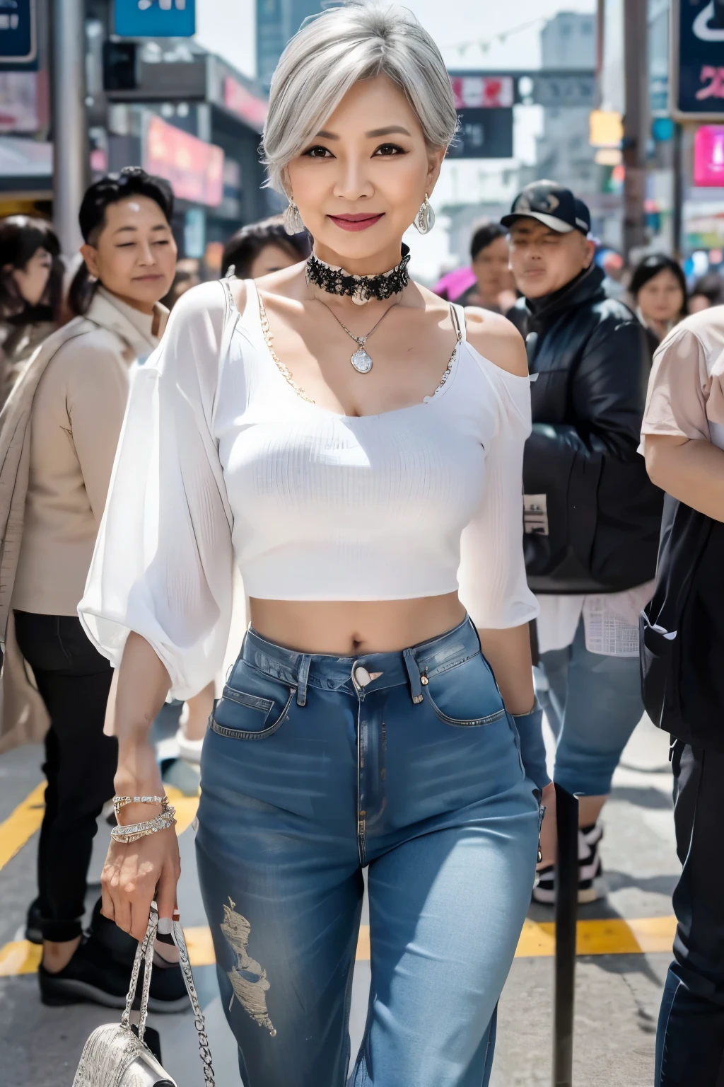 66 years old mom milf Korean, Lady large earring Big choker navel piercing decoration A bracelet Silver Hair realisitic Gorgeous Madame Beautiful Mature Woman sexly Smile Gentle woman navel piercing 4K High quality 駅 Ticket gate Gate commuter crowd