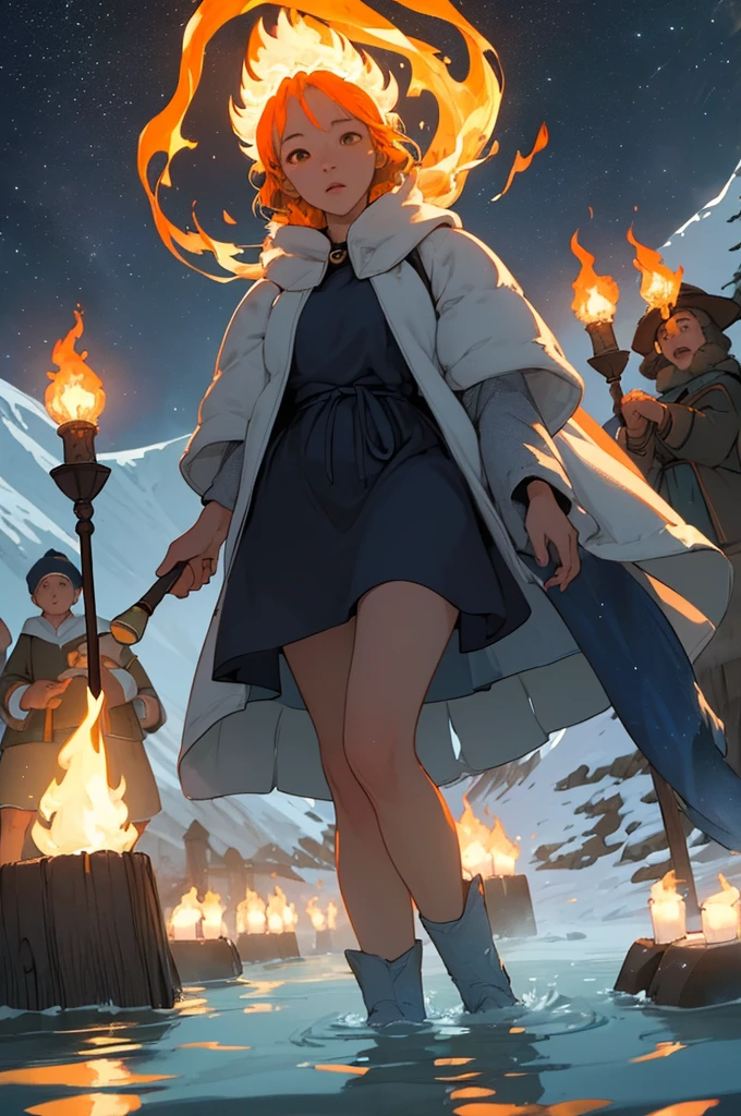 (masterpiece, highest quality), very low angle view of the group of villagers ,the dark night of the Arctic tundra blue and orange gradient atmosphere, the villagers light there torches as they walk across the cold water there legs are deep inside the water the villagers lift there torches so that the water does not ????? out the flames
