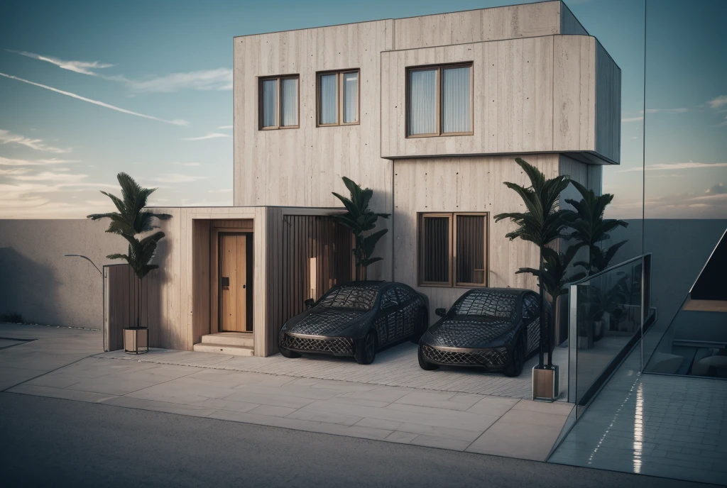 photorealistic, modern house,facade,modern,512k,high detailed, photoreal, award winning, large glass window on the right side, grass, plants, trees, sunny day, render (( travertine stone façade)) two cars in porch, wooden door entrance, steps marble, insanely detailed octane render,
award winning, extremely detailed,