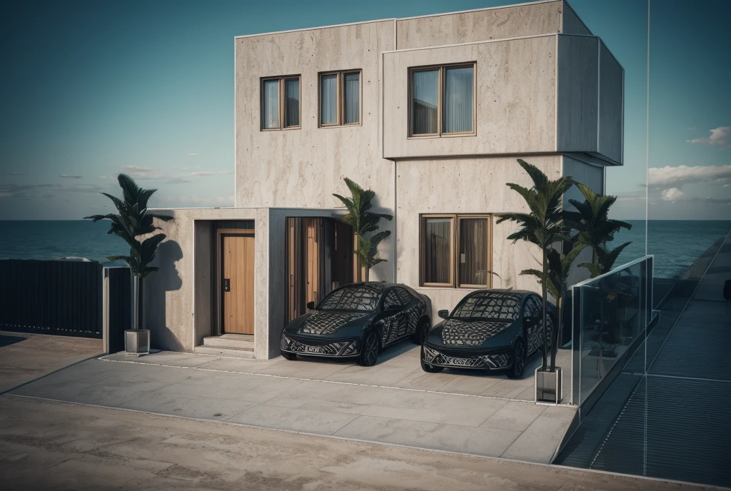 photorealistic, modern house,facade,modern,512k,high detailed, photoreal, award winning, large glass window on the right side, grass, plants, trees, sunny day, render (( travertine stone façade)) two cars in porch, wooden door entrance, steps marble, insanely detailed octane render,
award winning, extremely detailed,