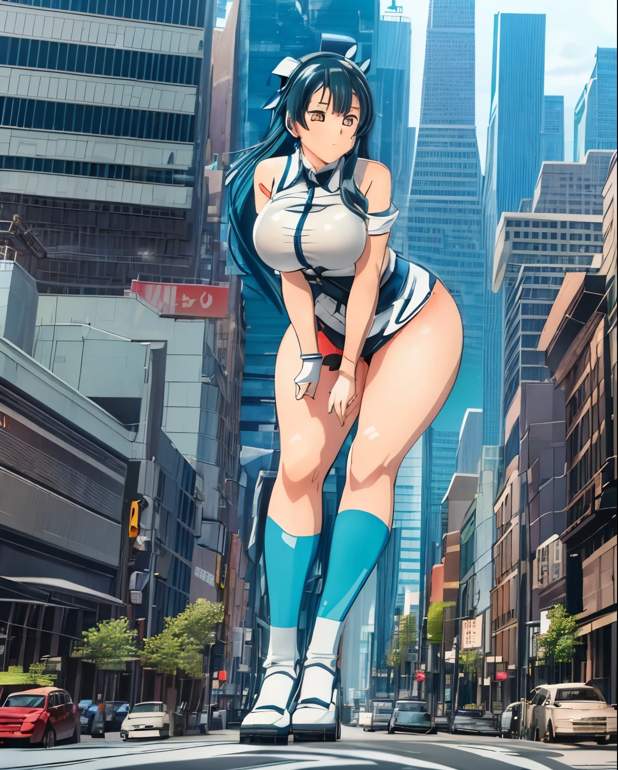 (((takao_kantaicollection))) animestyle 90's giant girl on the road of the big city girl in female giant giant girl (((takao_kantaicollection))) Whole body Destroyed skyscrapers Destroyed cars Crowd Unreal Engine