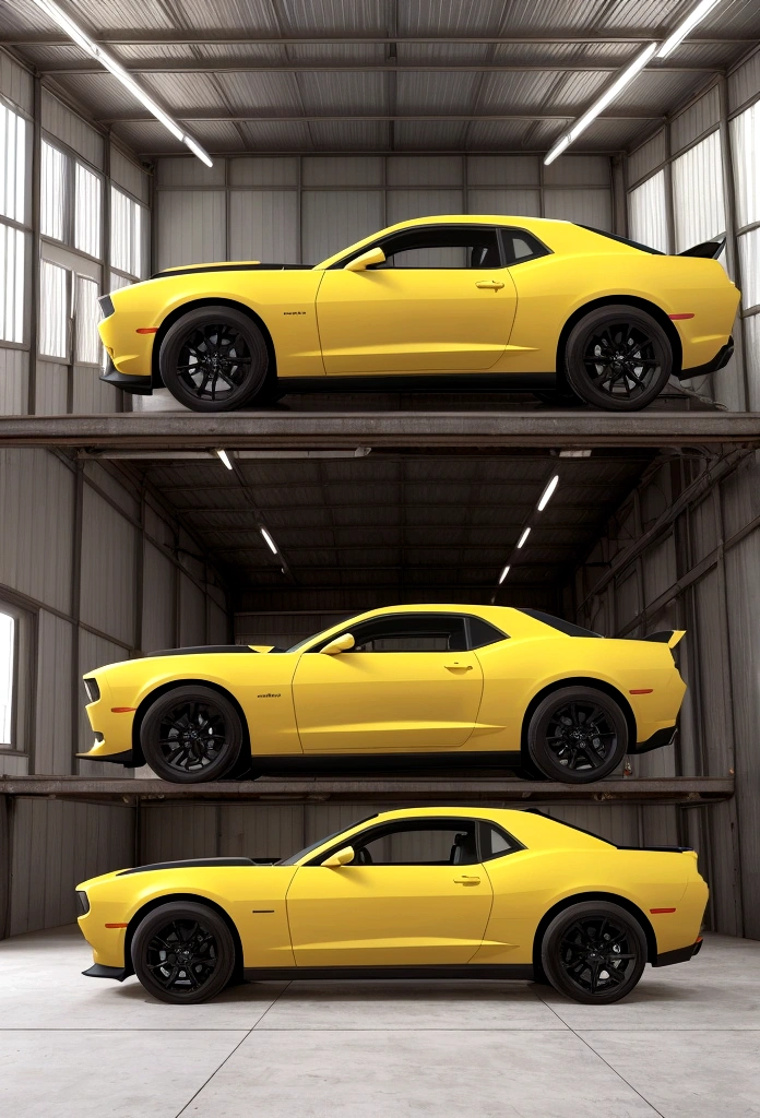 Generate a hyper-realistic image set inside a large, industrial aircraft hangar. The hangar should be well-lit with natural light streaming through the large, grid-patterned windows on the sides, giving the scene a warm, golden glow indicative of early morning light. Scene Description: Primary Elements: Three modern sports cars are prominently featured in the center of the hangar, arranged in a V-formation: The central car is a bright yellow Chevrolet Camaro with bold black racing stripes. To the left is a blue Ford Mustang with white racing stripes. To the right is a white Dodge Challenger with subtle black detailing. Ensure the cars have a polished, reflective surface that captures the light and surroundings. Background and Surroundings: In the background, place two sleek private jets parked inside the hangar, aligned with the cars but further back to create a sense of depth. The hangar's architecture should include high ceilings with exposed structural beams, industrial lighting fixtures, and various mechanical equipment or tools along the sides to enhance the realism. Lighting and Shadows: The natural light from the windows should cast long, dramatic shadows and reflections on the polished concrete floor, emphasizing the texture and sheen. Combine the natural light with some overhead industrial lights to create a balanced and dynamic lighting effect. Additional Features: Include a large digital display on the far wall of the hangar, showing "3:2" and some smaller, unreadable text to add authenticity to the scene. Ensure the image has a wide-angle perspective to capture the vastness of the hangar and the arrangement of the cars and jets. Overall Style: Aim for a highly detailed, photorealistic style with sharp contrasts, vibrant colors, and clear reflections. The image should convey a sense of depth and perspective, drawing the viewer's eye from the cars in architectural details in the background.