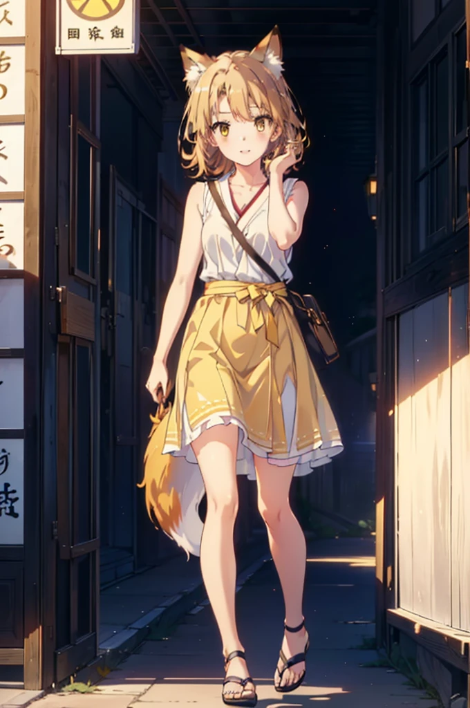 Irohaisshiki, isshiki iroha,Short Hair, Brown Hair, (Brown eyes:1.5), happy smile, smile, Open your mouth,animal(Fox Ears,Fox tail),Yellow sleeveless dress,Yellow long skirt,Cute Sandals,Carrier,background（Ships at anchor）,port,My hair is blowing in the wind,Holding her hair with her right hand,whole bodyがイラストに入るように,Are standing,morning,morning陽,The sun is rising,Cruise,
break outdoors, port,Ocean,
break looking at viewer,whole body,
break (masterpiece:1.2), Highest quality, High resolution, unity 8k wallpaper, (shape:0.8), (Beautiful and beautiful eyes:1.6), Highly detailed face, Perfect lighting, Highly detailed CG, (Perfect hands, Perfect Anatomy),