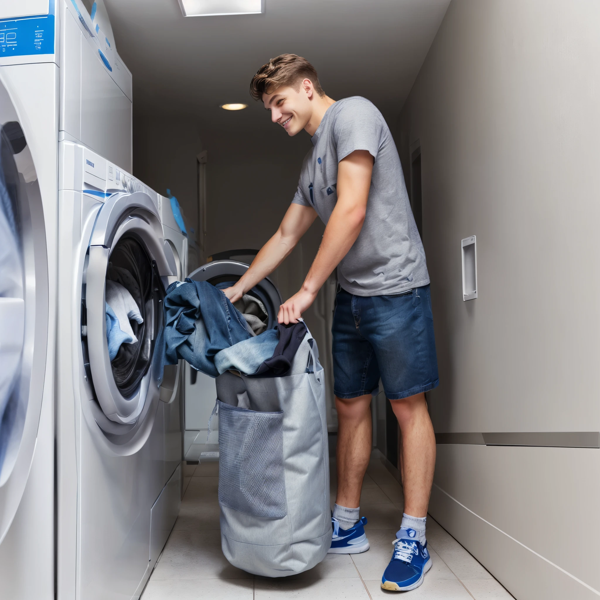 An 18-year-old,Swedish man,(Grey top:1.37),(Blue Jeans:1.37),(Black sneakers:1.37),(Smile),Bright environment,Soft lighting,araffe man loading a bag of clothes from a washing machine, 在wash衣垫上, Carrying a big bag, Dirty clothes, washing machine, Bright space,Clean and tidy, Perfect details, , Color photos, Handsome, Clean spot colors, Product introduction photos, Diaper Disposal, wash, Business photo, In dirty travel clothes, full functioning