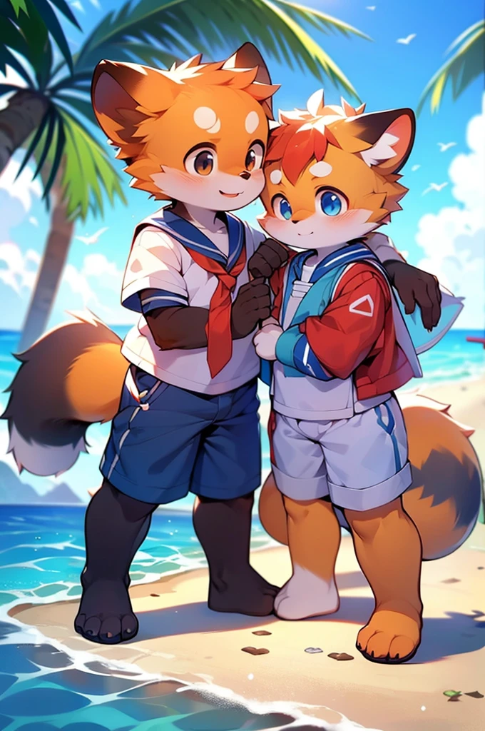 Red Panda Boy,Ocean,Sailor suit standing on feet,Two legs,