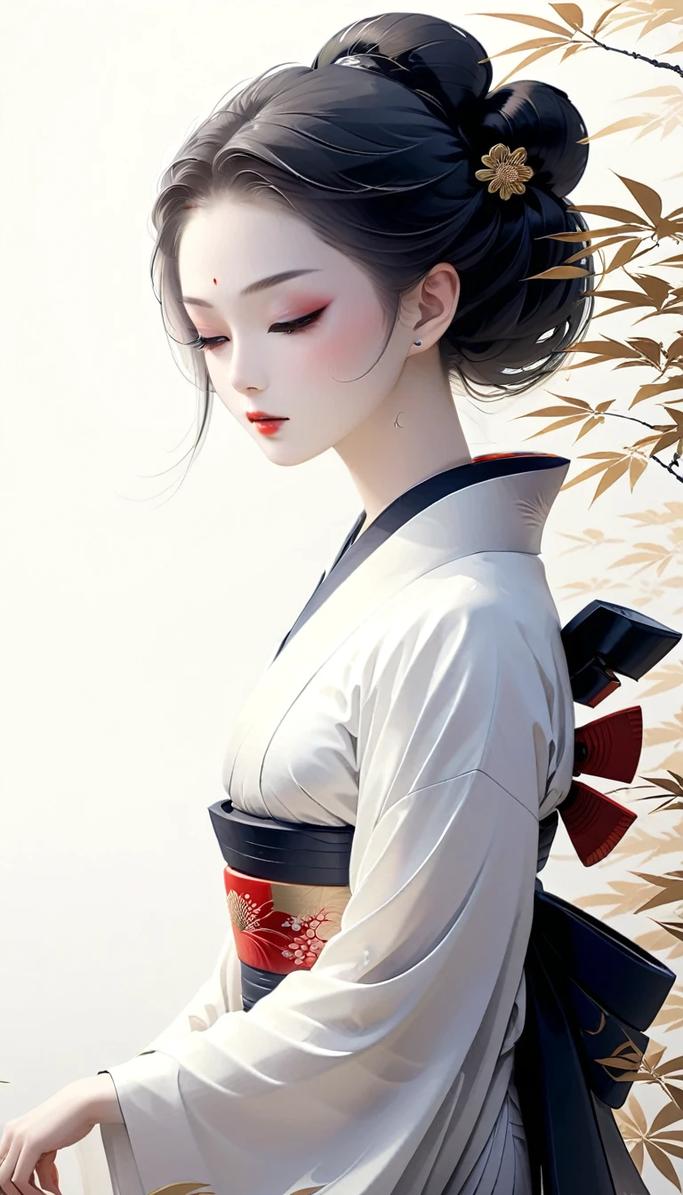 Create an image titled "Geishas Echoes" in a traditional Japanese art style, using only black ink on a white background. Capture the elegant and enigmatic world of geishas, showcasing their intricate kimonos, refined makeup, and roles as skilled performers and cultural custodians. Use expressive sumi-e brush strokes to depict their grace, dedication, and the depth of geisha life. Highlight the beauty, tradition, and artistry of these iconic figures in Japanese culture.