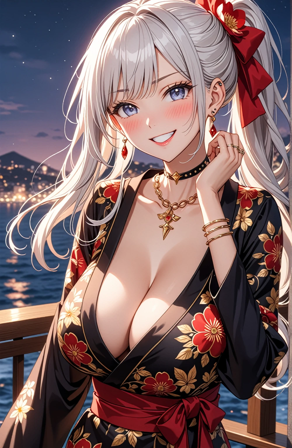 ((One personの女の子)), Beautiful Face, (Laughing embarrassedly), (smirk:1.4), ((Wink:1.5)), (head tilt:1.3), Laugh with your mouth wide open, upper teeth, looking at viewer, (Doing sexy poses), ((full-face blush:1.6)), Glossy Red Lips, (Big Breasts:1.4), cleavage, night,Terrace with sea view, Glossy pink lips, Shining Face, ((Anime style background)),masterpiece, Highest quality, so beautiful,up to date, Complex details, (long nails of red color), (nail art), (ring),(bracelet),(Floral choker), (ring helix piercing:1.5), AI-generated, Complex,High resolution, Highest quality, super high quality,3D Images、3D Images,One person,Long white hair,High Ponytail, Anime woman posing for a photo, ((silver eyes:1.5)), ((Fine grain、blue eyes、Shining Eyes:1.3)), (Squint your eyes:1.1),a hyperRealistic , hyperRealistic , Realistic,Anime woman with long white hair, Smooth anime CG art, (A woman in a colorful kimono with gold embroidery), ((Black long sleeve kimono:1.3)), Red floral pattern,Long flower hair ornament,Earrings,Mature Body,Tall,Abdominal muscles,Tight waist, ((face focus:1.8)), (front view:1.3),