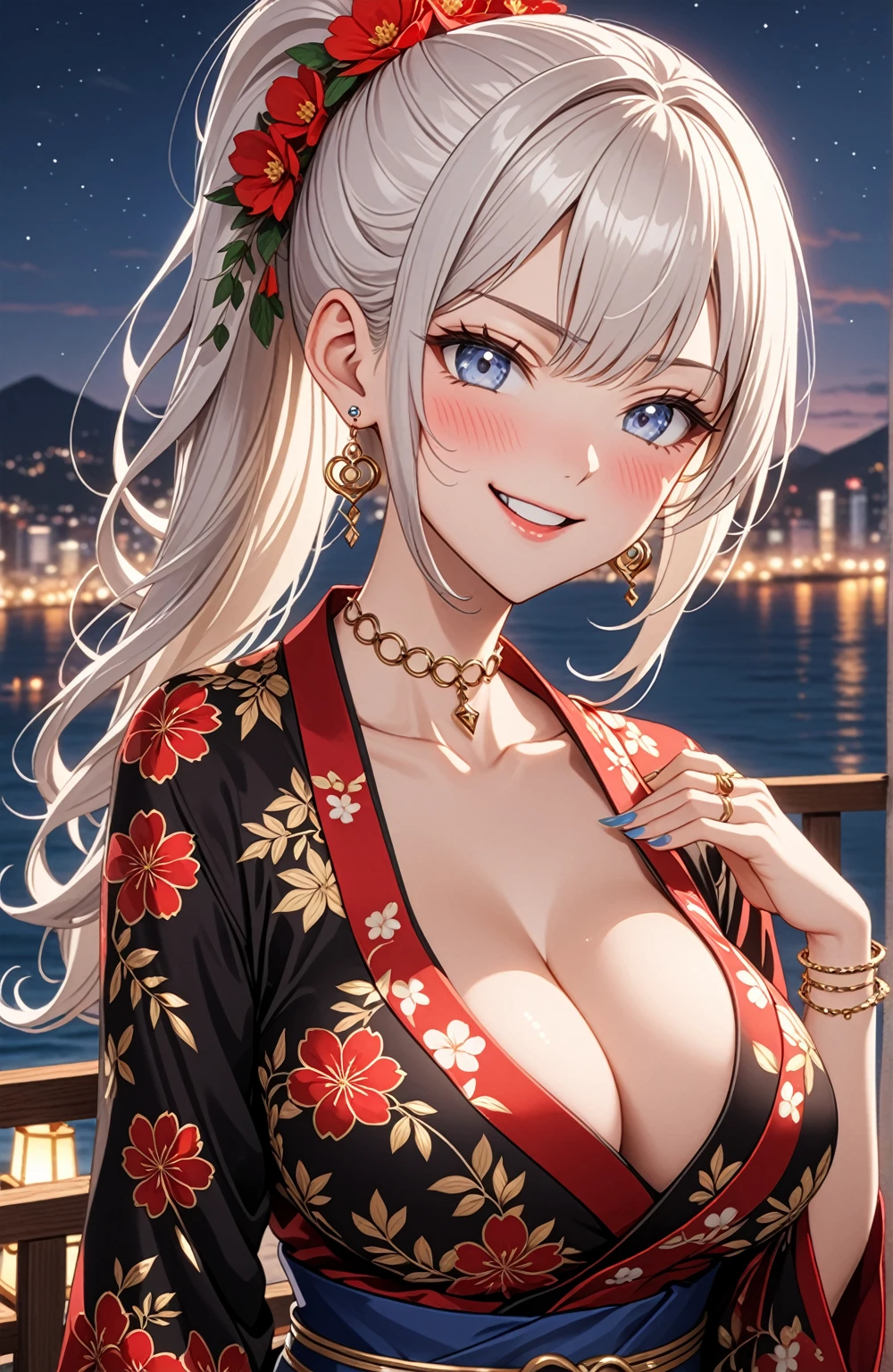((One personの女の子)), Beautiful Face, (Laughing embarrassedly), (smirk:1.4), ((Wink:1.5)), (head tilt:1.3), Laugh with your mouth wide open, upper teeth, looking at viewer, (Doing y poses), ((full-face blush:1.6)), Glossy Red Lips, (Big4), cleavage, nighe with sea view, Glossy pink lips, Shining Face, ((Anime style background)),masterpiece, Highest quality, so beautiful,up to date, Complex details, (long nails of red color), (nail art), (ring),(bracelet),(Floral choker), (ring helix piercing:1.5), AI-generated, Complex,High resolution, Highest quality, super high quality,3D Images、3D Images,One person,Long white hair,High Ponytail, Anime woman posing for a photo, ((silver eyes:1.5)), ((Fine grain、blue eyes、Shining Eyes:1.3)), (Squint your eyes:1.1),a hyperRealistic , hyperRealistic , Realistic,Anime woman with long white hair, Smooth anime CG art, (A woman in a colorful kimono with gold embroidery), ((Black long sleeve kimono:1.3)), Red floral pattern,Long flower hair ornament,Earrings,Mature Body,Tall,Abdomuscles,Tight waist, ((face focus:1.8)), (front view:1.3),