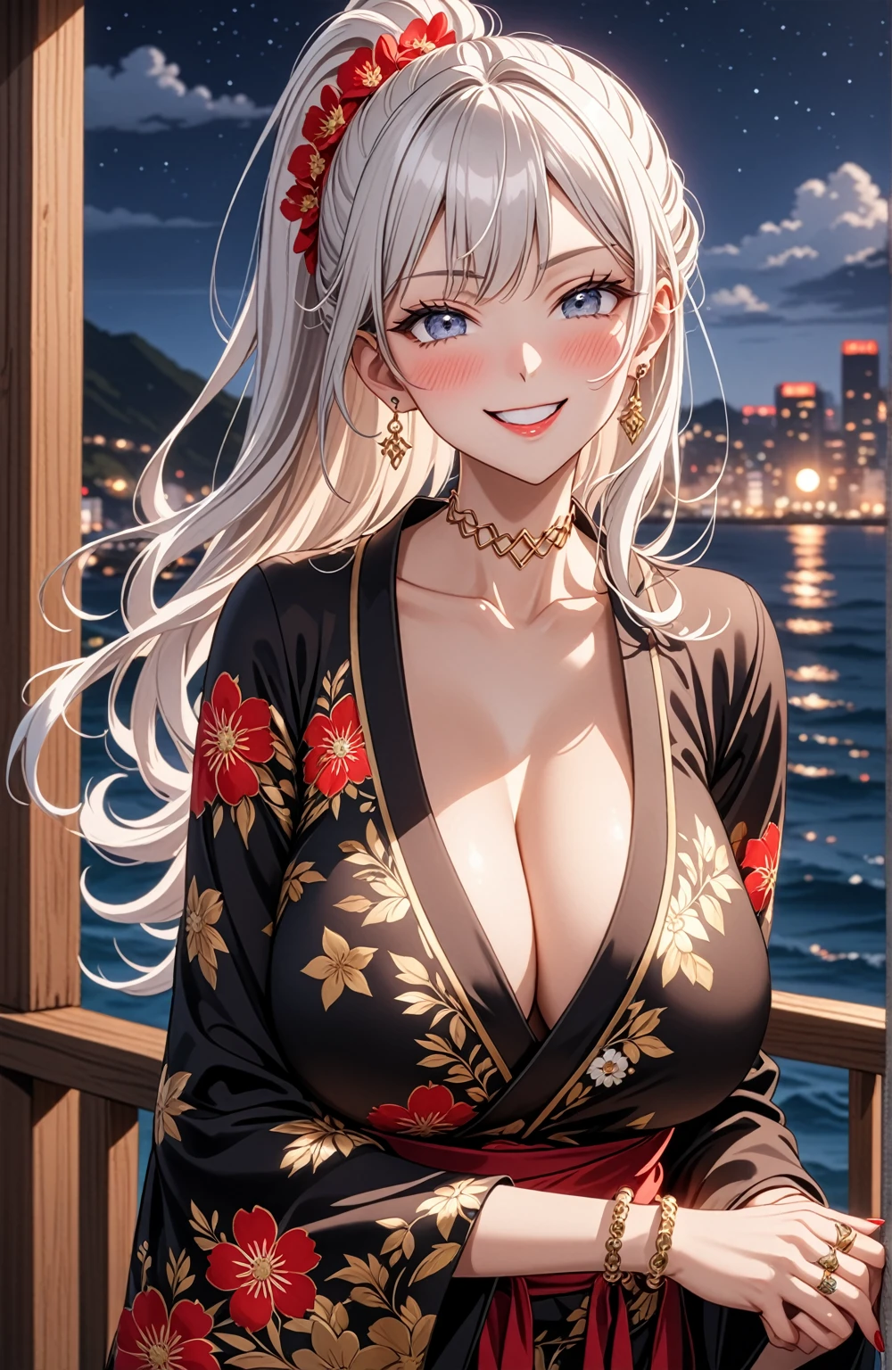 ((One personの女の子)), Beautiful Face, (Laughing embarrassedly), (smirk:1.4), ((Wink:1.5)), (head tilt:1.3), Laugh with your mouth wide open, upper teeth, looking at viewer, (Doing sexy poses), ((full-face blush:1.6)), Glossy Red Lips, (Big Breasts:1.4), cleavage, night,Terrace with sea view, Glossy pink lips, Shining Face, ((Anime style background)),masterpiece, Highest quality, so beautiful,up to date, Complex details, (long nails of red color), (nail art), (ring),(bracelet),(Floral choker), (ring helix piercing:1.5), AI-generated, Complex,High resolution, Highest quality, super high quality,3D Images、3D Images,One person,Long white hair,High Ponytail, Anime woman posing for a photo, ((silver eyes:1.5)), ((Fine grain、blue eyes、Shining Eyes:1.3)), (Squint your eyes:1.1),a hyperRealistic , hyperRealistic , Realistic,Anime woman with long white hair, Smooth anime CG art, (A woman in a colorful kimono with gold embroidery), ((Black long sleeve kimono:1.3)), Red floral pattern,Long flower hair ornament,Earrings,Mature Body,Tall,Abdominal muscles,Tight waist, ((face focus:1.8)), (front view:1.3),