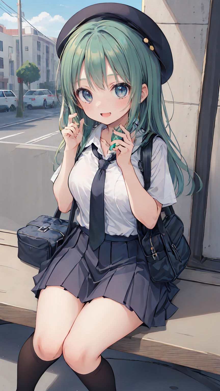 (masterpiece, highest quality), High resolution, Detailed_face:1.2, (anime_style:1.2), Sharpness, 4K, BREAK 1girl, A woman taking a photo, happy smile, Panic face, upset, Open your mouth, Long Hair, Green Hair, Straight hair, Fine skin, Beautiful Hands, Beautiful fingers, Wearing a beret, tie, Short sleeve blouse, Pleated skirt, school bag, Thighs, Absolute area, Knee socks, hand between legs, Hot summer day, School, Schoolyard, Sitting on a bench, drink Canned juice, Natural light, Sharp focus, Hasselblad Photography, Cinema Lighting, whole body, 