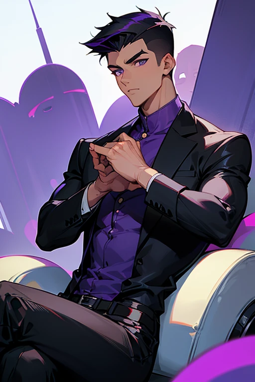 Handsome, boy, clean-cut, cool, side cut, short black hair model, purple eyes, front, crossed legs, tall, muscular