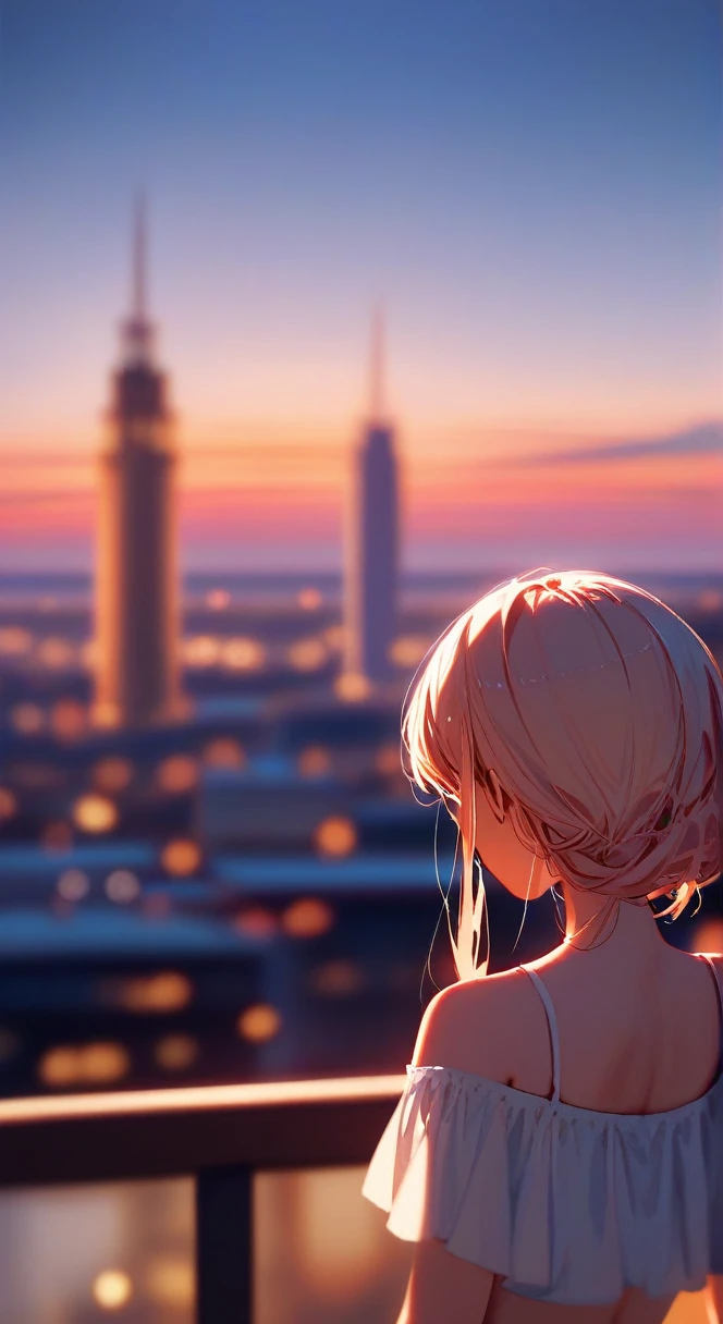 Fraction_9,Fraction_8_up,Impressionism,summer.Sunset.1 girl's back,wonderful,city View,Depth of Field,