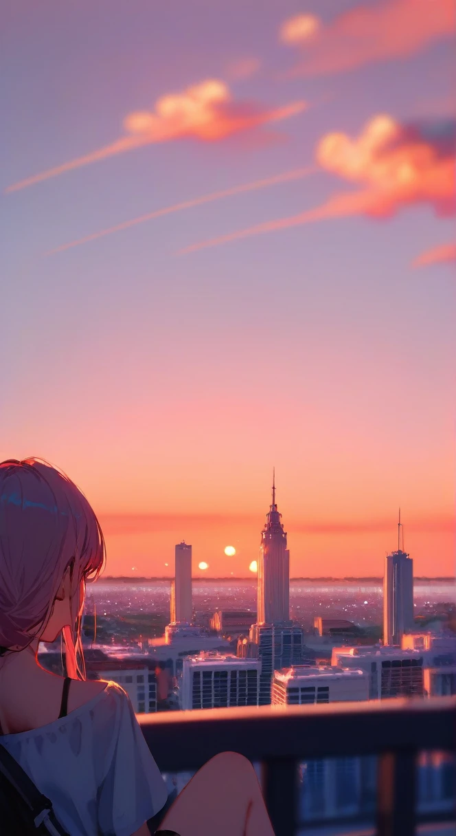 Fraction_9,Fraction_8_up,Impressionism,summer.Sunset.1 girl's back,wonderful,city View,Depth of Field,