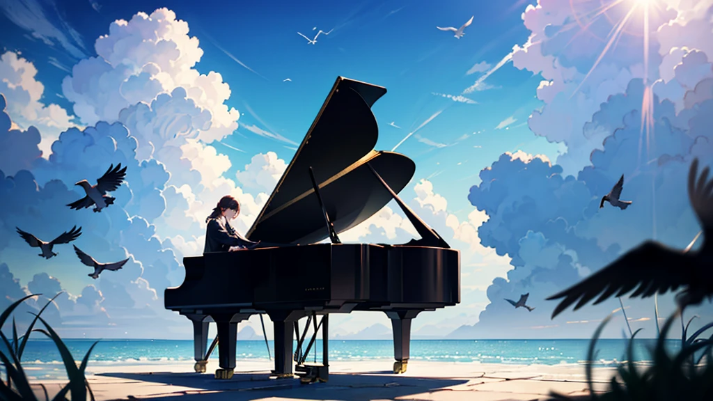 A fantastic scene surrounded by a blue sky and clouds is depicted. There is a black piano in the center of the screen, a man playing the piano, a woman standing next to him, both students, young people, youth, white birds flying in the background, a water surface spreading on the ground, a mirror It looks very beautiful like this. Highly detailed CG Unity 8K wallpaper, cinematic lighting, lens flare, beautiful detailed eyes, landscape, ultra HD, clouds, 8K quality, ultra sharp, real light, surreal,