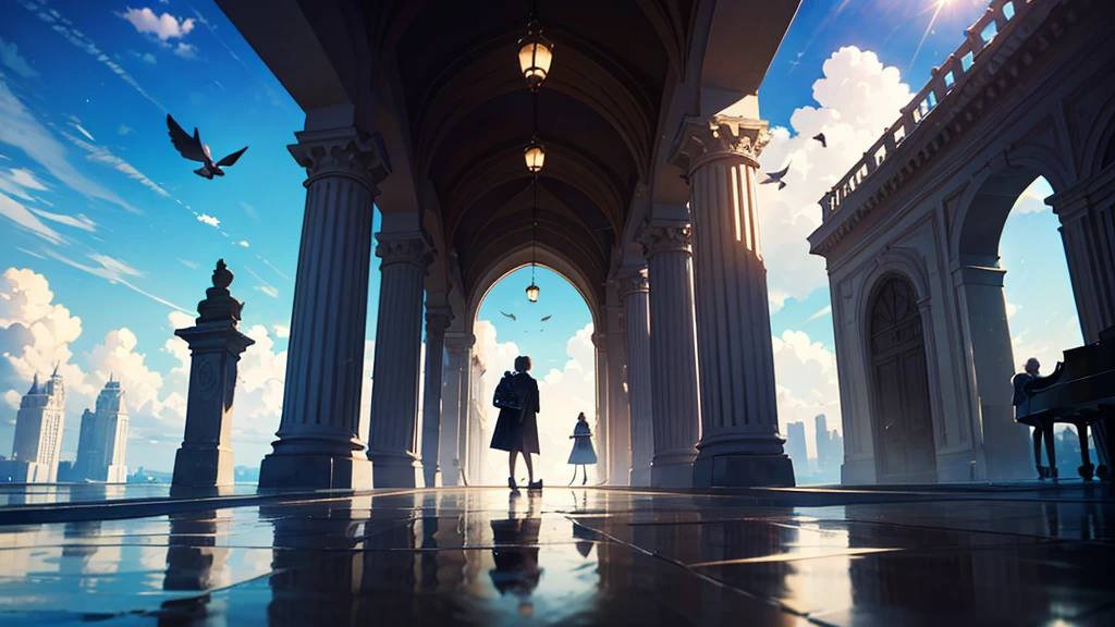 A fantastic scene surrounded by a blue sky and clouds is depicted. There is a black piano in the center of the screen, a man playing the piano, a woman standing next to him, both students, young people, youth, white birds flying in the background, a water surface spreading on the ground, a mirror It looks very beautiful like this. Highly detailed CG Unity 8K wallpaper, cinematic lighting, lens flare, beautiful detailed eyes, landscape, ultra HD, clouds, 8K quality, ultra sharp, real light, surreal,