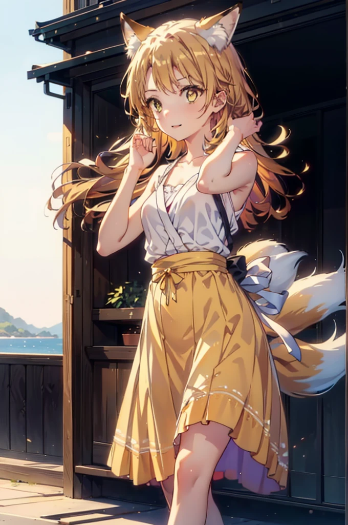 Irohaisshiki, isshiki iroha,Long Hair, Brown Hair, (Brown eyes:1.5), happy smile, smile, Open your mouth,animal(Fox Ears,Fox tail),Yellow sleeveless dress,Yellow long skirt,Cute Sandals,Carrier,background（Ships at anchor）,port,My hair is blowing in the wind,Holding her hair with her right hand,whole bodyがイラストに入るように,Are standing,morning,morning陽,The sun is rising,
break outdoors, port,Ocean,
break looking at viewer,whole body,
break (masterpiece:1.2), Highest quality, High resolution, unity 8k wallpaper, (shape:0.8), (Beautiful and beautiful eyes:1.6), Highly detailed face, Perfect lighting, Highly detailed CG, (Perfect hands, Perfect Anatomy),