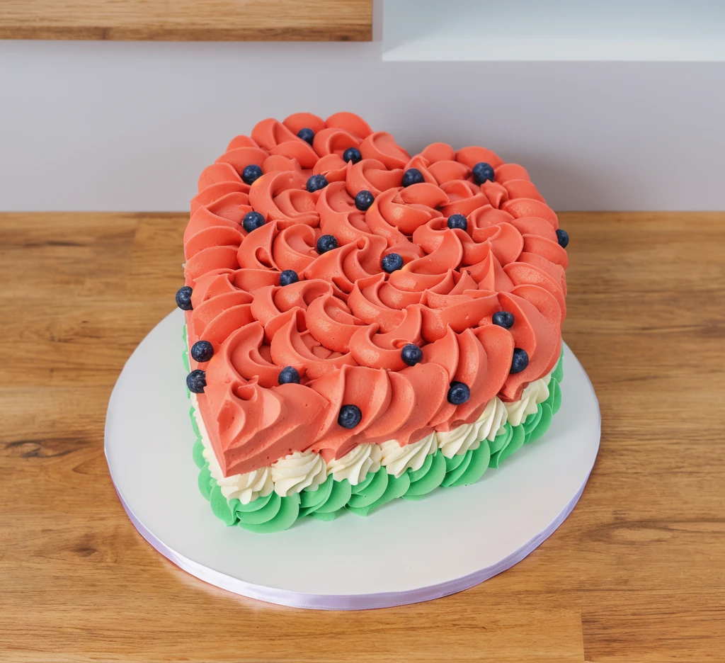 on a black background, a cream cake in the form of a heart, in shape of watermelon, the lower part of the cake is made of green cream whirls, reproduces the texture of a watermelon, a cream layer of fresh, juicy white m'yakotia. The top layer consists of red cream, on top of which watermelon seeds are poured, made of polymer clay, window light, bright lights, soft light, window light, professional lighting, light from the window, neat light, realistic texture, realistic style, detailed texture, high quality, high resolution, high quality rendering, realistic photo, brightning light, macro photo