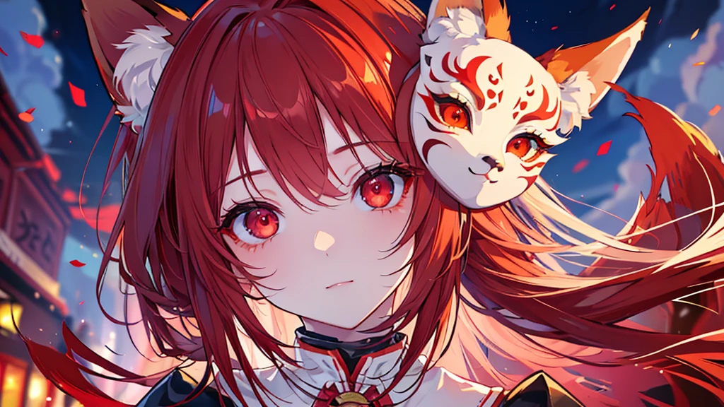 Girl wearing a fox mask,(masterpiece:1.2, Highest quality), (Beautiful Eyes: 1.2), ((One girl)), ((alone)), (Red eyes:1.4), (Beautiful Eyes and exquisite face:1.3), ( Beautiful and vivid background: 1.2), (Very detailedCG, Very detailed